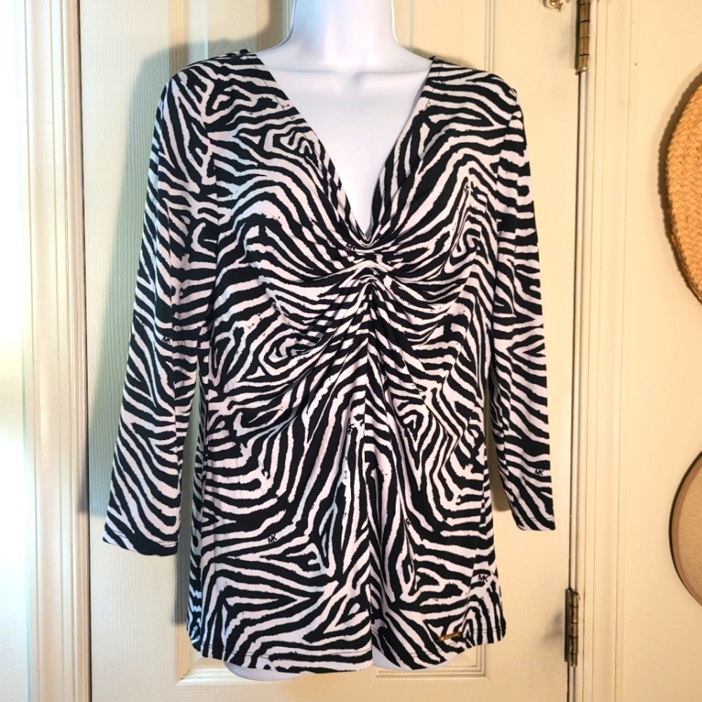 Large Michael Michael Kors Womens Zebra Logo Twist Front Top Black/White